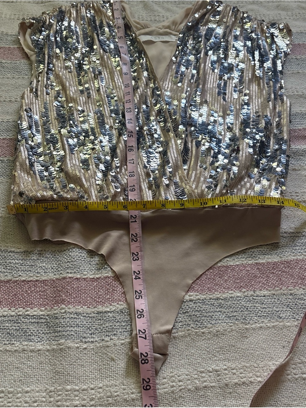 Astr Gold Sequin Nude-Base Plunging Bodysuit - Picture 5 of 10